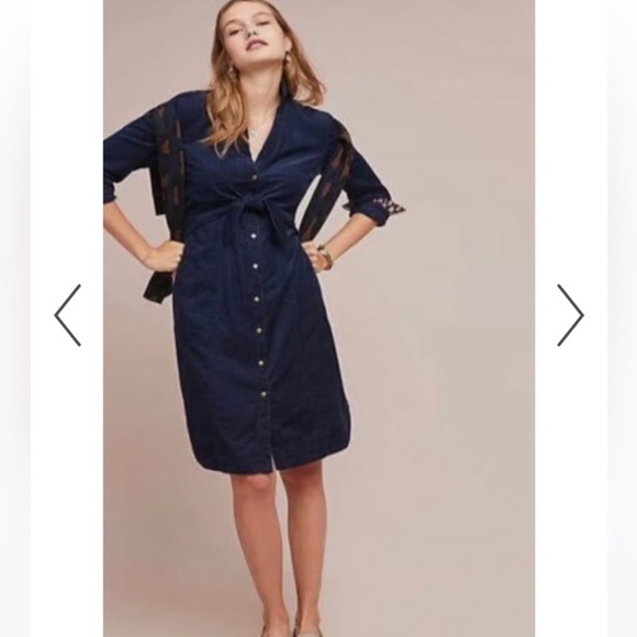 Anthropologie Maeve Dress Corduroy Winchester Blue Tie Front Button Shirt Dress - Picture 12 of 16